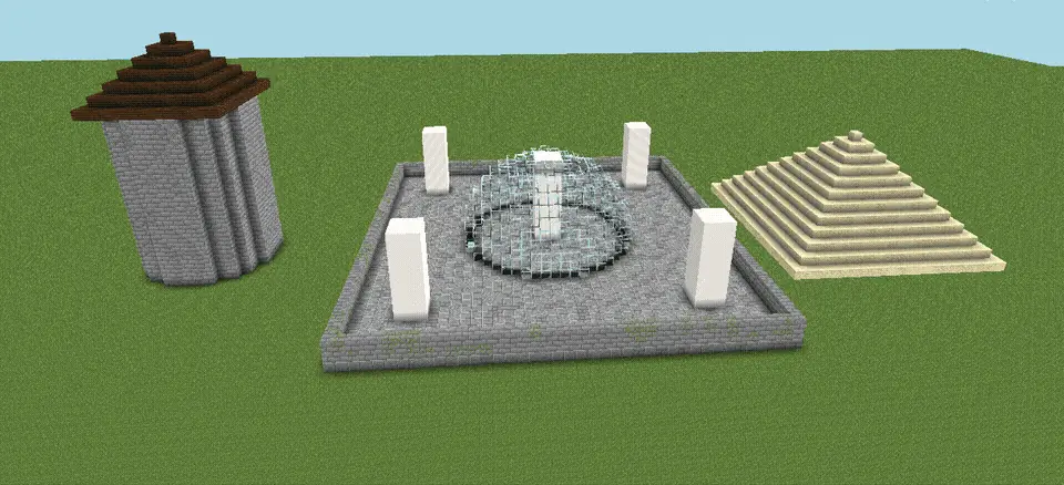 Tower and roof: the test plaza after /hcyl 75%stone_bricks,25%cracked_stone_bricks 6 18  +  /hpyramid dark_oak_planks 7