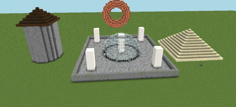 Torus generated from a math formula: the test plaza after /generate copper_block (sqrt(x*x+y*y)-0.62)*(sqrt(x*x+y*y)-0.62)+z*z<0.05