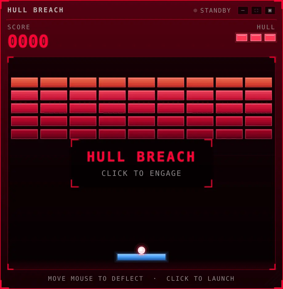 Helm's Hull Breach arcade face, a Breakout game with rows of red bricks, a blue paddle and a score and hull counter, waiting to start.