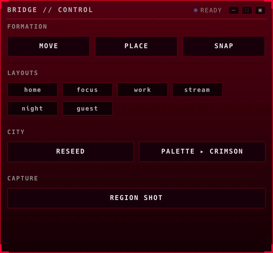 Helm's Bridge control face with buttons to move, place and snap widgets, six saved layouts, a city reseed, a palette switch and a region screenshot.