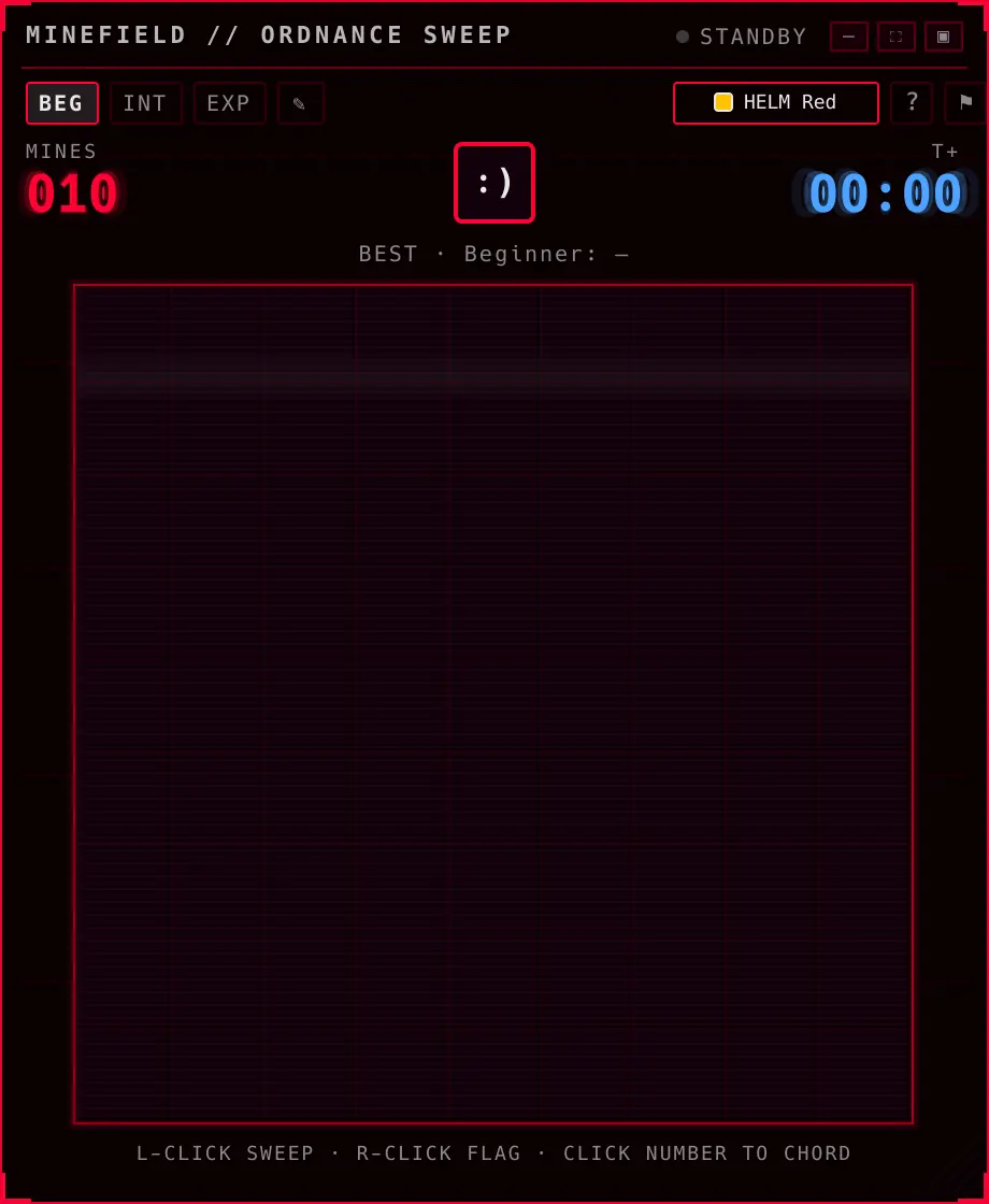 Helm's Minefield face (Ordnance Sweep), a Minesweeper game on its Beginner board: an unopened dark field under a 10-mine counter, a smiley reset button and a 00:00 timer.