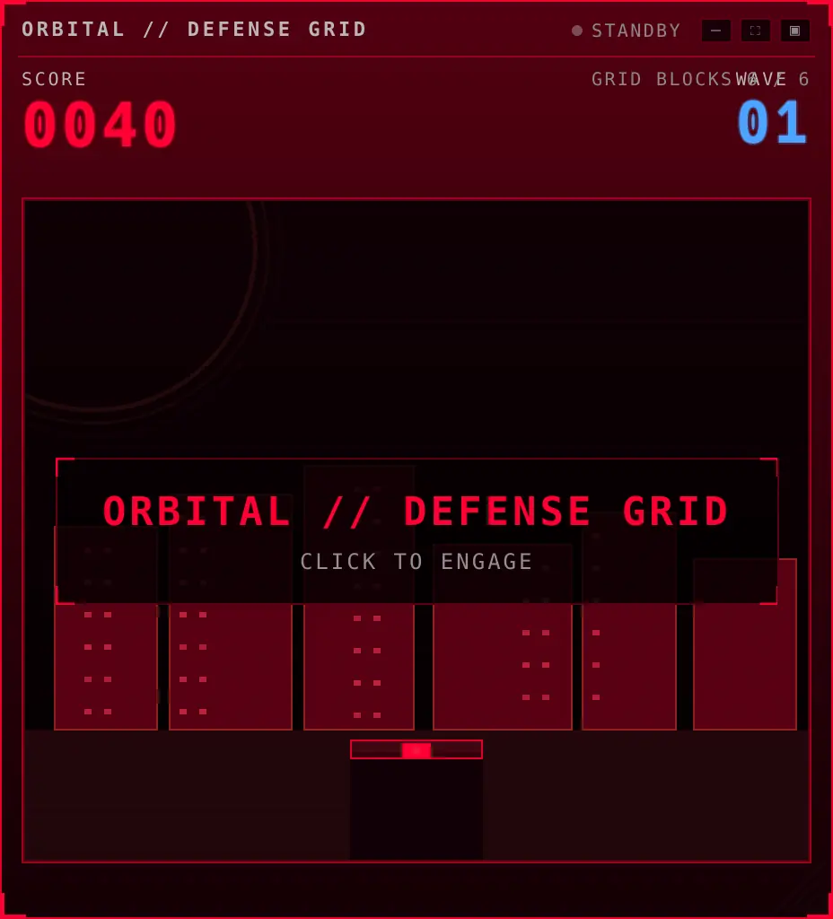 Helm's Orbital Defense Grid arcade face waiting to start: a row of city blocks to defend with a turret below them, a score of 0040 and wave 01.
