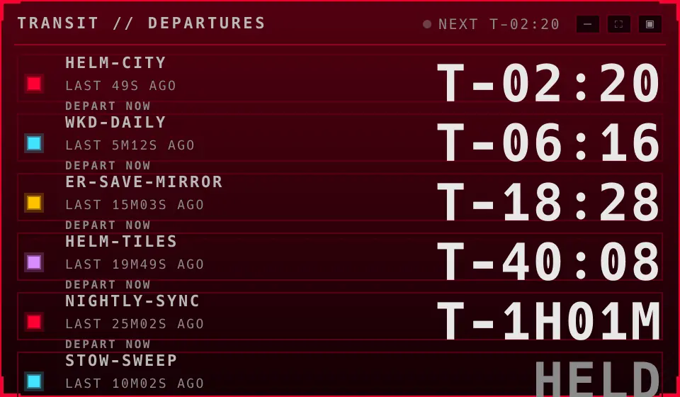 Helm's Transit face listing scheduled jobs as departures, each with a last-run time and a countdown timer.