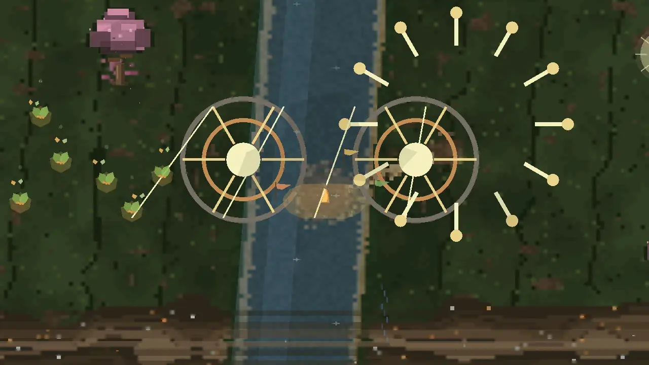 The same scene in the far-future Dyson era: golden orbital rings and radiating constructs above the river.