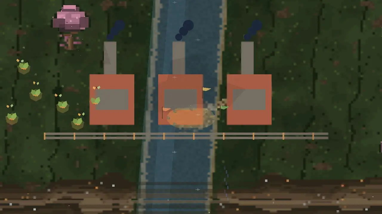 The same scene dressed for its industrial era: three brick factories with smoking chimneys, one of them over the river, and a metal rail across the water where the bridge was.