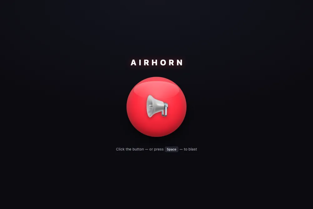 The whole app: the word AIRHORN over one big red button, and a line noting you can press Space instead.