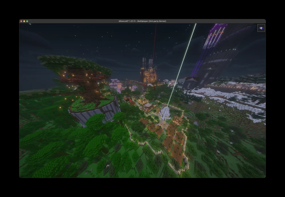A detailed Minecraft build on the server this extension targets: a dark spire above the clouds, ringed by towers and terraced ground.