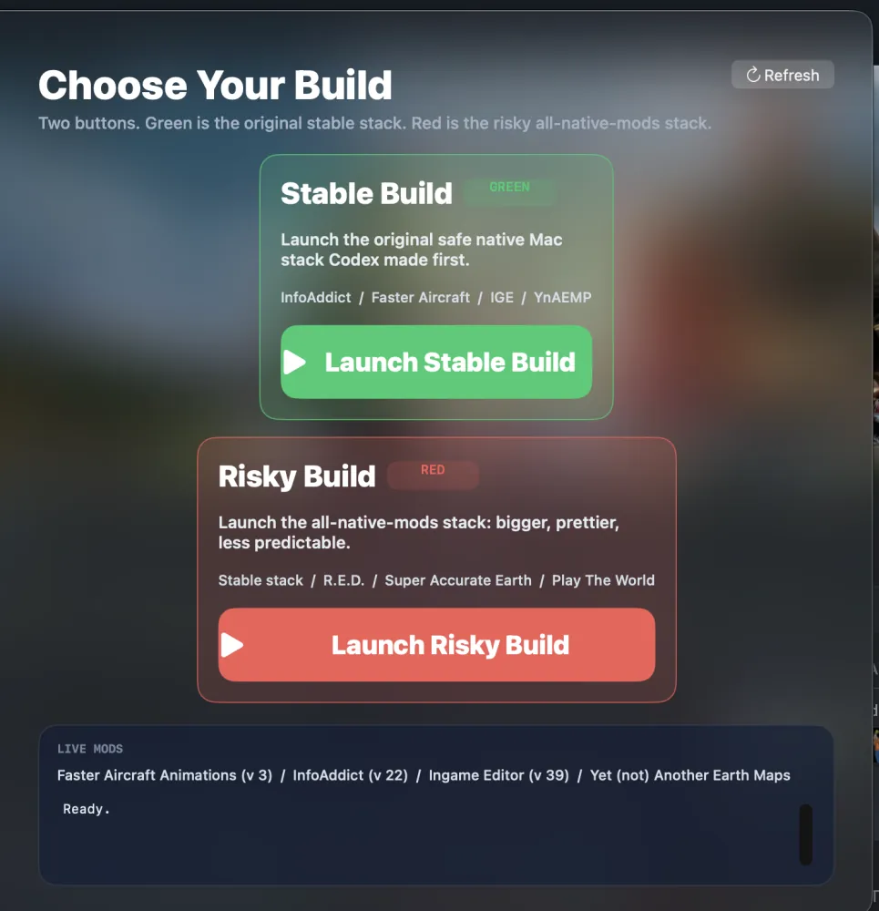 The launcher's Choose Your Build window: a green Stable Build card and a red Risky Build card, each listing the mods in its stack.
