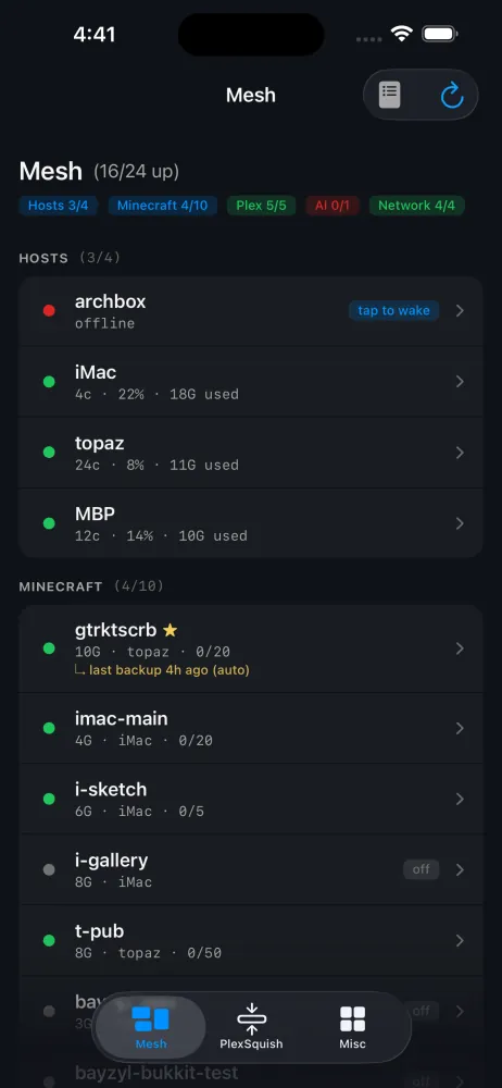Helm's Mesh tab on iPhone, listing hosts and Minecraft servers with live status dots, resource use, and a tap-to-wake action.