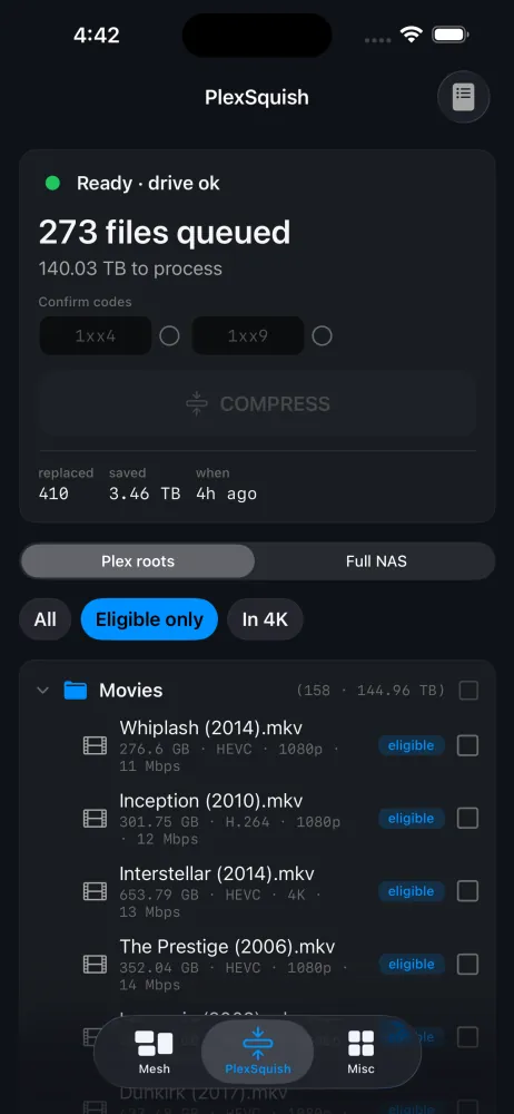 Helm's PlexSquish tab, showing the media optimizer's queue and progress.