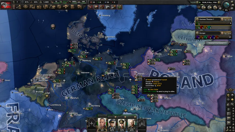 The Hearts of Iron IV map the war room streams, showing central Europe in March 1936 with division counters and theatre panels.