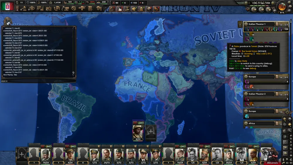 The same game in 1940 with the observer console open in the corner, logging the AI agents' turns.