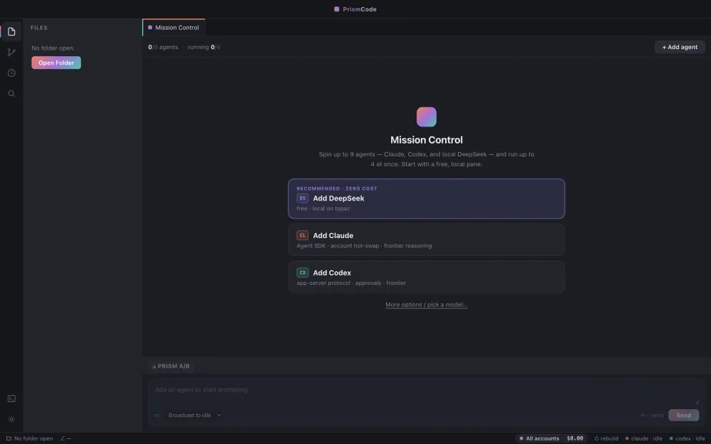 PrismCode's Mission Control on a fresh launch, offering to add a DeepSeek, Claude, or Codex pane, with a file sidebar and a prompt bar across the bottom.
