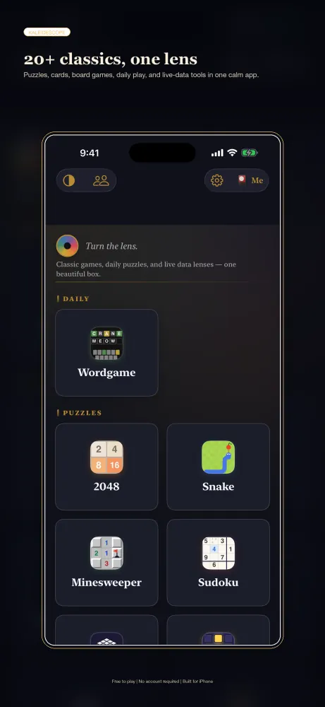 Kaleidoscope home screen on iPhone: a Daily section with Wordgame, then puzzle tiles for 2048, Snake, Minesweeper, and Sudoku.