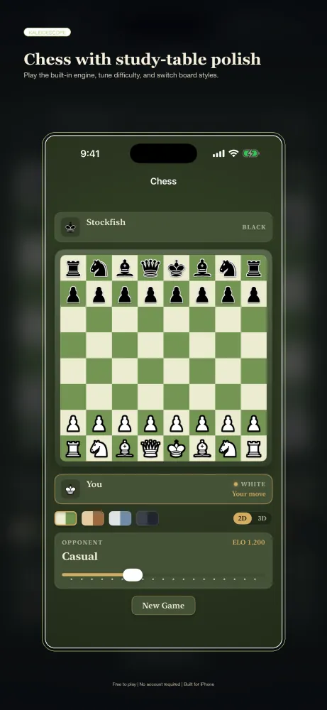 The 2D chess board inside Kaleidoscope, mid-game on iPhone.