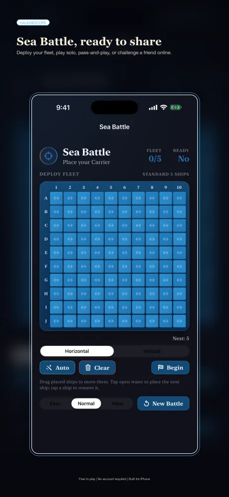 Kaleidoscope's Sea Battle grid on iPhone.