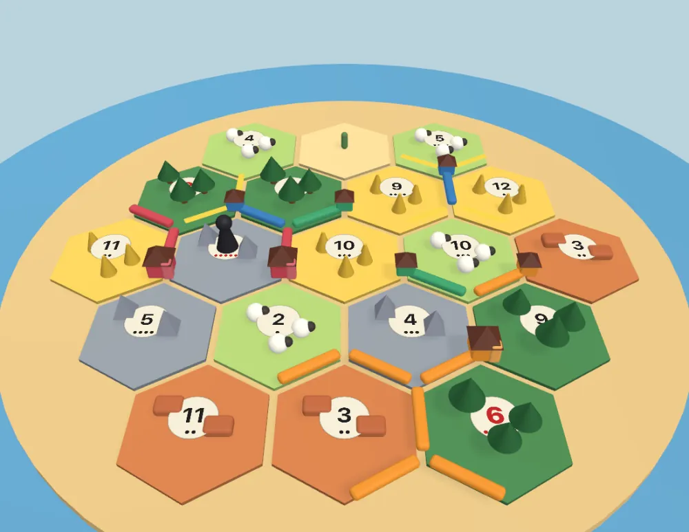 The 3D Catan board in its meadow theme, rendered in Kaleidoscope.