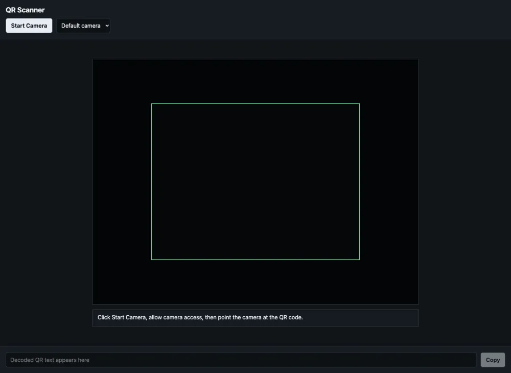The QR scanner before camera access: a start button, a camera picker, the framing reticle, and a field where decoded text appears.