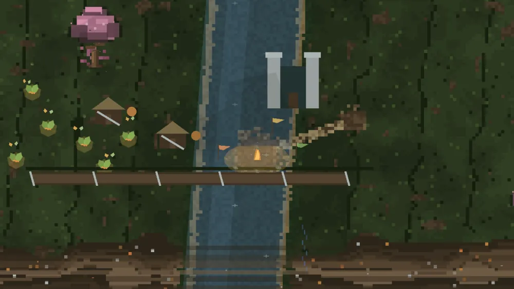 The medieval era of The Long Now: a pixel-art river crossing with tents, a campfire, and a stone keep in the trees.