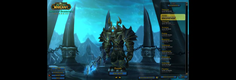 World of Warcraft filling an ultrawide display, with the character roster held in the narrow right-hand strip the addon reserves.